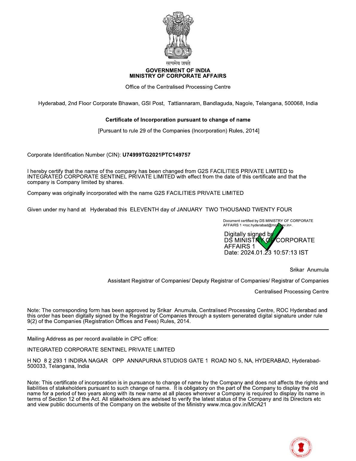 Certificate of Incorporation issued to Integrated Corporate Sentinel Private Limited