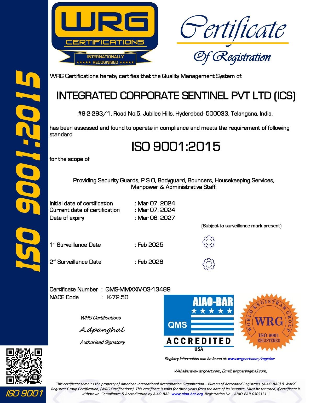 ISO 9001:2015 Certification issued to Integrated Corporate Sentinel Private Limited