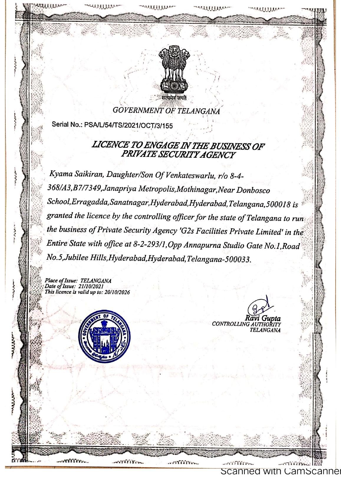 Private Security Agency Licence issued to Integrated Corporate Sentinel Private Limited